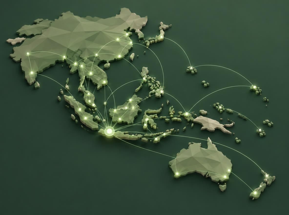 Stylized map of Southeast Asia and Asia-Pacific with connected glowing nodes
