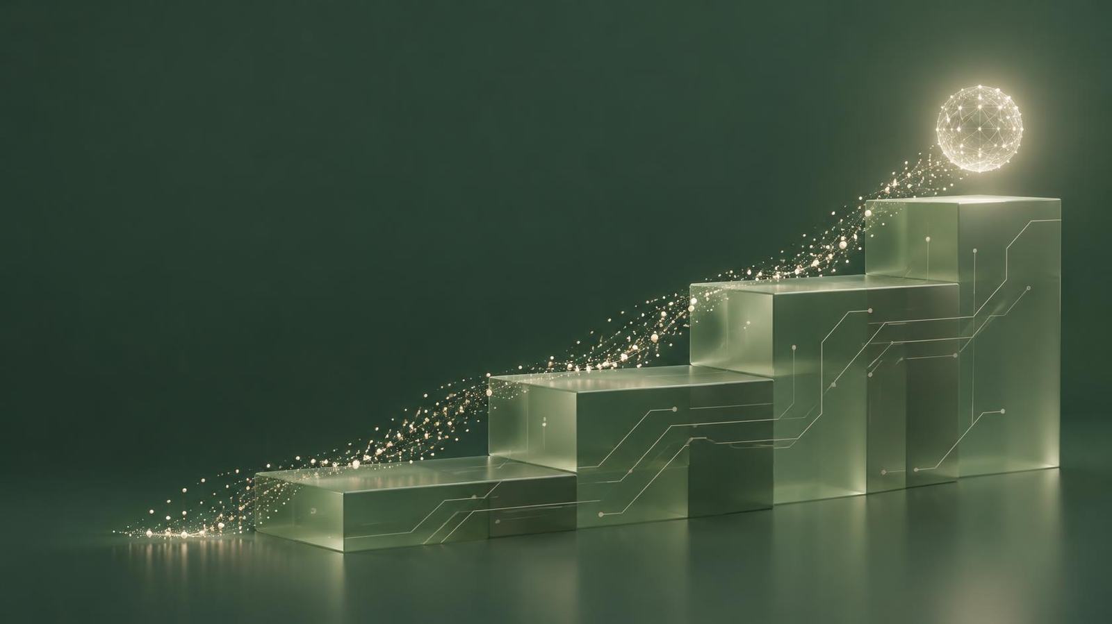 Abstract illustration of stepped platforms with data flowing upward