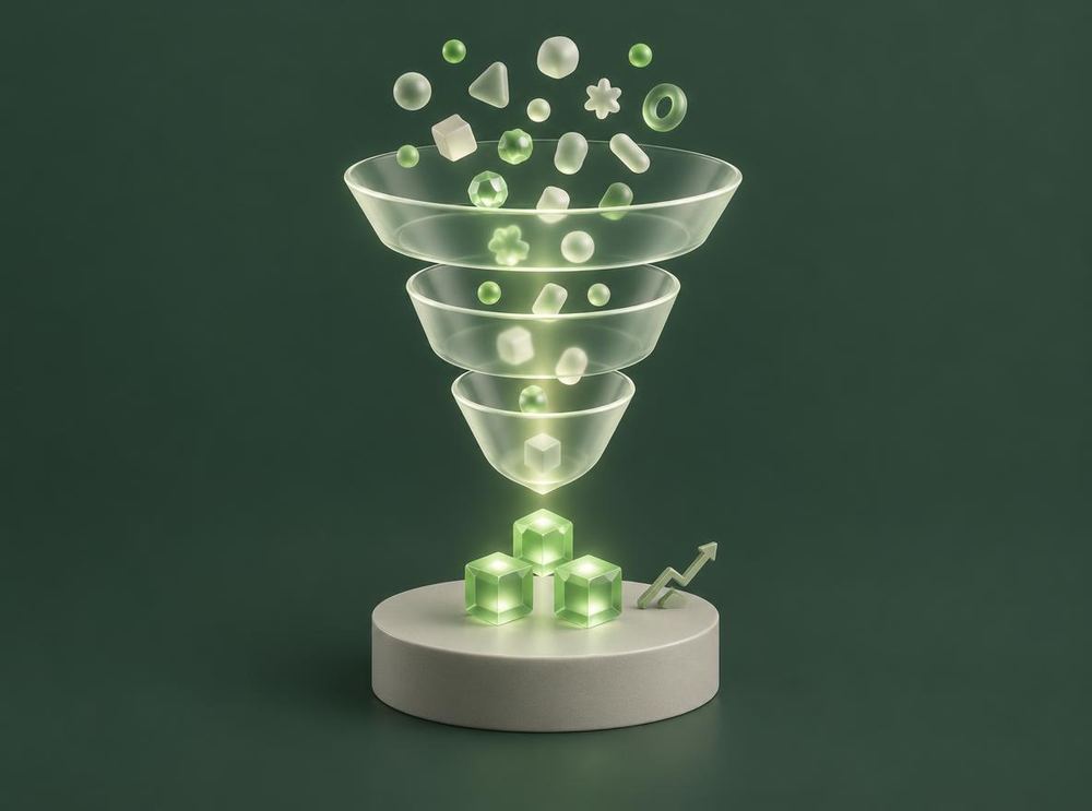 Illustration of ideas passing through a funnel and emerging as a few high-value solutions