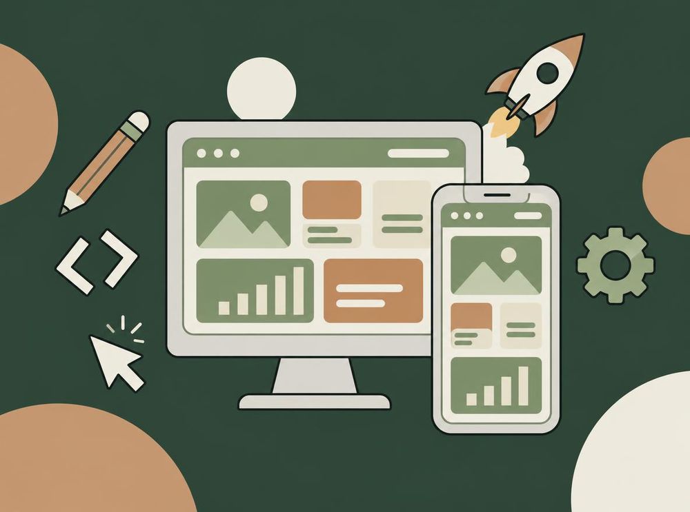 Illustration of a monitor and phone showing an app design with a launching rocket