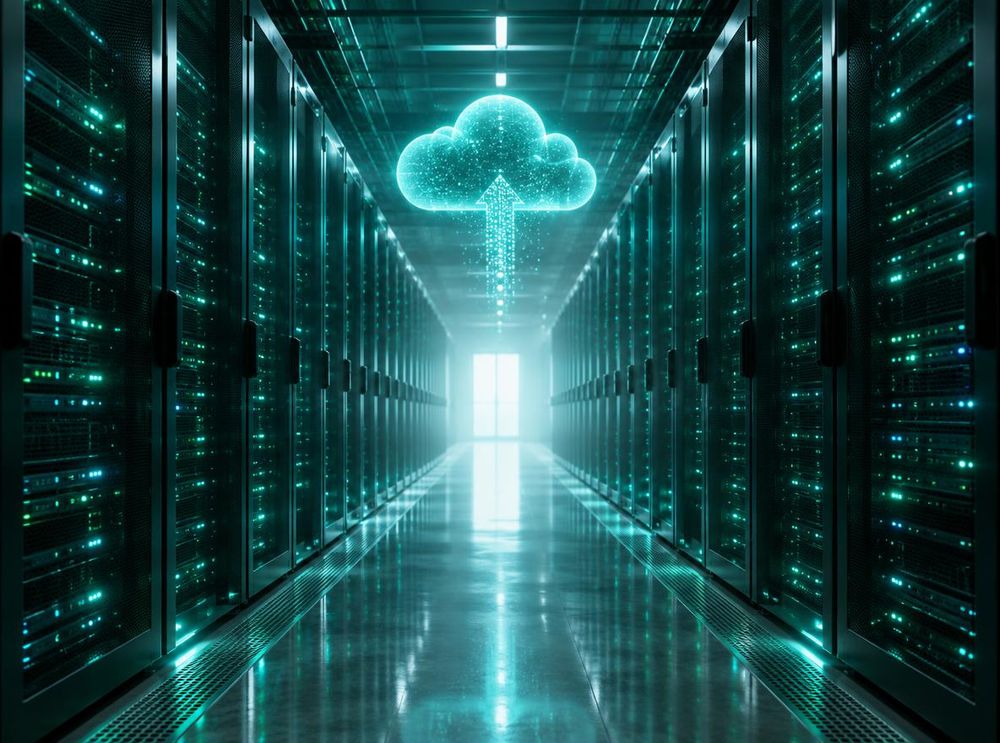 Data-center aisle with a holographic cloud suggesting migration