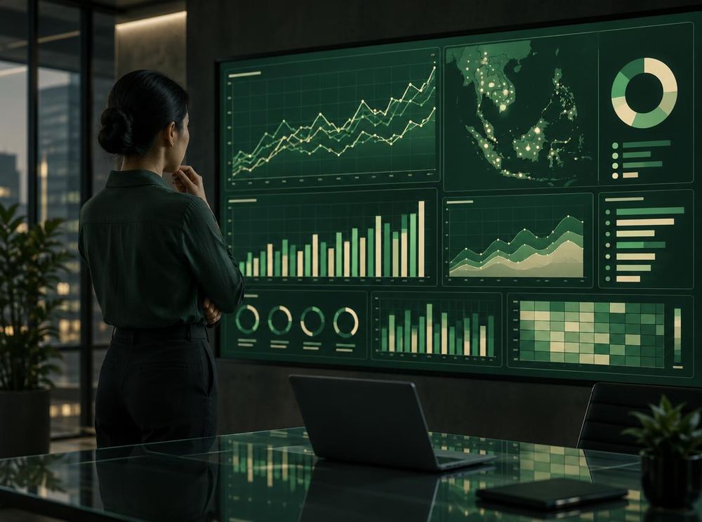 Analyst in front of a wall of glowing dashboards